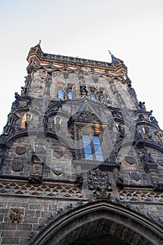 Close up shot of guard tower in Prague city