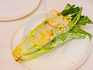 Close up shot of half cut Romaine lettuce salad