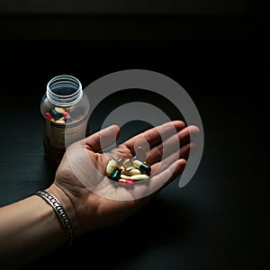 AI-Generated Image: Hand Holding Capsules Near Open Prescription Bottle photo