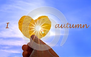 Close up shot of hand holding yellow leaf of heart shape with sun rays shining through it at light blue sky background with letter