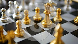 Close up shot hand of man and woman play gold and silver chess metaphor business compettition concept select focus shallow depth o