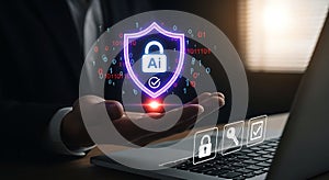 AI Cyber Security Protection with Laptop and Shield Displayed in Hand