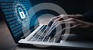 Typing on a laptop with binary code and a lock icon on screen, symbolizing digital security.