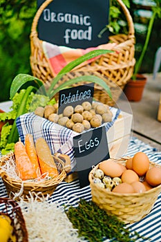 Close-up shot of healthy fresh organic food in farm market on table