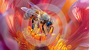 A close-up shot of a honey bee pollinating the pollen-rich center of a vibrant, colorful flower with delicate, feathery