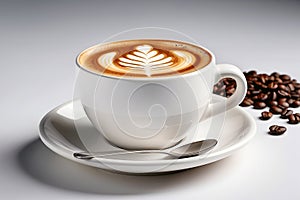 Close up shot of hot latte coffee with latte art in a ceramic white cup and saucer on white background with clipping path
