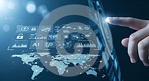 Finger touching futuristic AI interface with world map