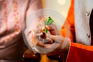 Close up shot of indian husband hands applying henna or mehndi on wifes hand durnig festival celebration at home -