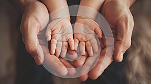Close up shot of infant s delicate hands securely cradled in parent s gentle palms photo