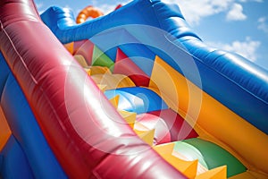 a close up shot of an inflatable slide attached to bounce house