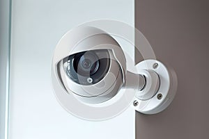 Close up shot of installed security camera on wall in modern apartment. CCTV camera with microphone and green indicator