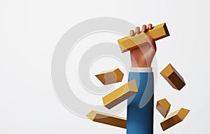 Close-up shot of investor hand holding gold bars on white background