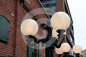 Close-up shot of a lamp in the Distillery District of Toronto, Canada
