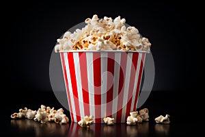 Close-up shot of a large popcorn cup filled to the brim with classic movie theater popcorn
