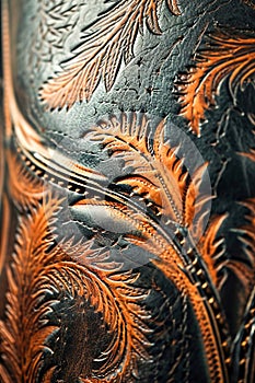 Close-up shot of leathercraft, tooling, and hand-stitching