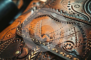 Close-up shot of leathercraft, tooling, and hand-stitching