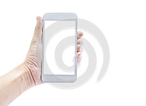Close-up shot of Left man hand holding white mobile smartphone with blank white screen display for mockup isolated on white backgr