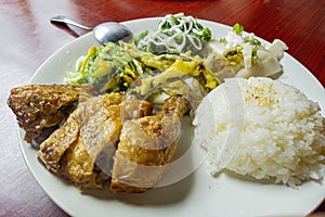 Close up shot of a lunch plate with deep fried Orange Daylily, chicken and rice