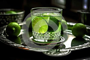 A close-up shot of a luxurious glass of lime juice. Created with generative AI