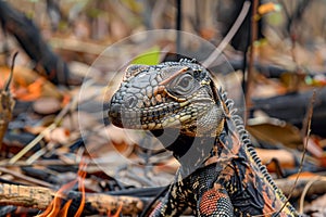 Close Up Shot of a Majestic Iguana in a Natural Habitat Surrounded by Fallen Leaves