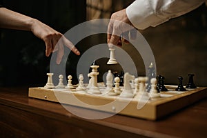 Close-up shot of male hand moving chesspiece on chessboard