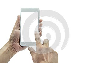 Close-up shot of Man hand holding white mobile smartphone and use pointing with finger for touch on screen.