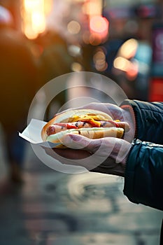 Close-up shot of man selling hotdog in busy city street with copy space