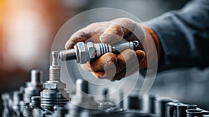 Mechanic installing a spark plug into an engine