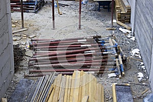 Close-up shot of metal small column in the construction of basement at Izmir in Turkey