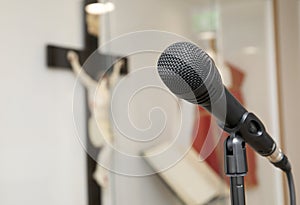 Close up shot of a microphone on a church altar.