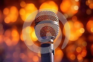 Close up shot of microphone head over bokeh background