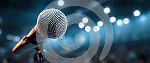 Close-up Microphone on Stage with Bokeh Lights