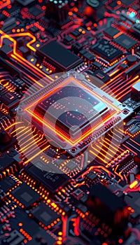 A close-up shot of a microprocessor on a motherboard, illuminated by glowing data streams, showcasing the processing