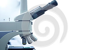Close up shot of microscope with metal lens at laboratory. Photography for medical banner. Place for text.