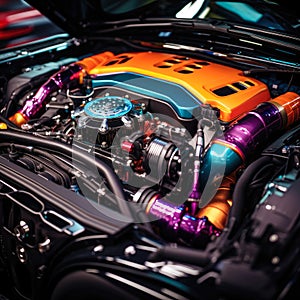 Close-up shot of a modified engine bay with vibrant colors