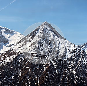 Close-up shot of mountains near ski resort Les deux Alpes in winter, France