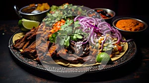 Close-up shot of mouthwatering mexican street food, displaying vibrant colors and tempting textures photo