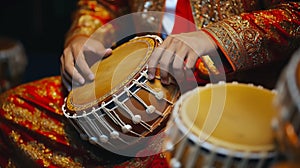 Close-up shot of a musician playing a traditional musical instrument photo