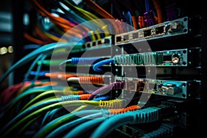 Close-up shot of networking cable management located in the server room