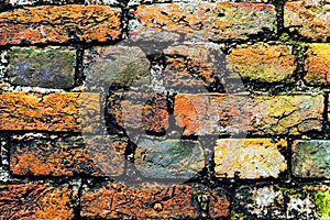 A close-up shot of the old rough brick masonry wall lined