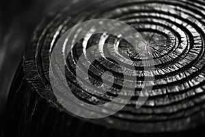 A close-up shot of an old tree stump in black and white