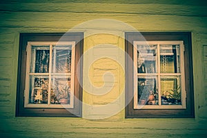 Close up shot of old wooden hut window.Vlkolinec,traditional settlement village in the mountains.