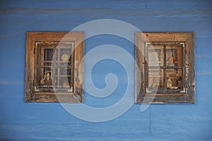 Close up shot of old wooden hut window.Vlkolinec,traditional settlement village in the mountains.