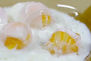 Close up shot of onsen tamago eggs in traditional Japanese or soft boiled eggs in Thai food in the white bowl on the wooden table