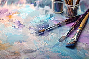 Close-up shot of paint brushes on a table, ready for use