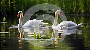 Close-up shot of a pair of elegant swans