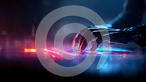 Futuristic Robotic Hands Typing on Illuminated Keyboard Neon Lights Sci Fi Technology AI generated.