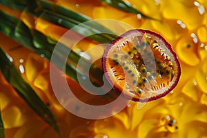 Close up shot of passion fruit cut in half, on top of yellow tropical flowers. Ai generated