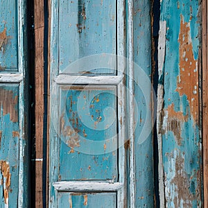 A close-up shot of peeling paint on a weathered door, with abstract textures and colors revealing its history4, Generative AI