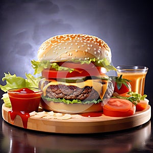 a close-up shot of a perfectly grilled hamburger oozing with ketchup